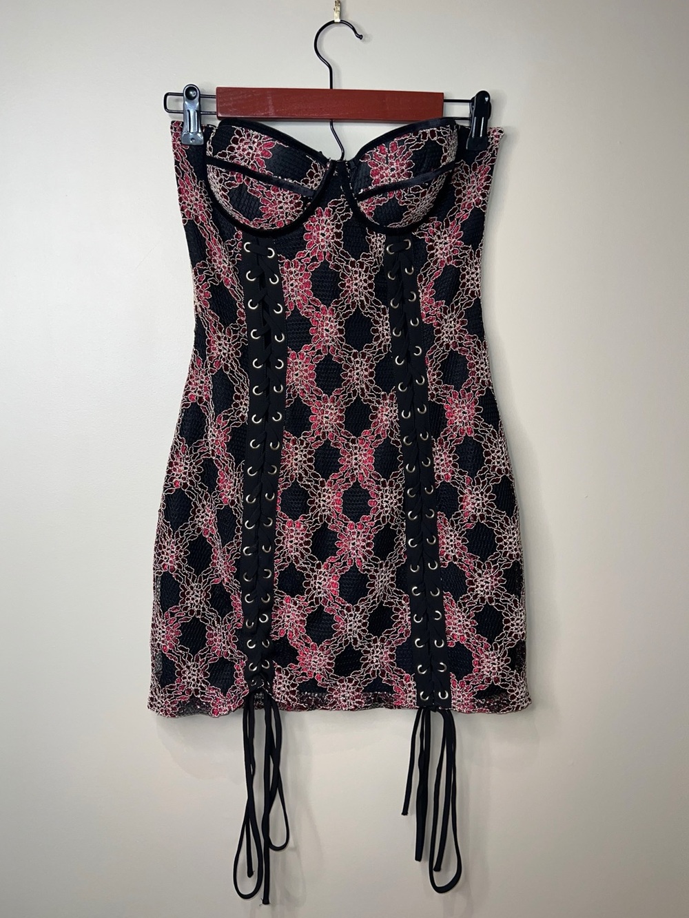 h:ours Bette Mini Dress in Black Sangria Lace